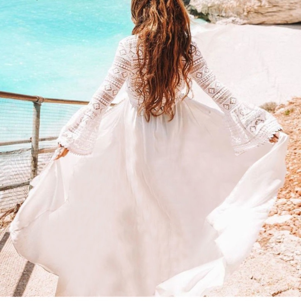 Boho white lace maxi dress cover up waist Kimono - Picture 5 of 9